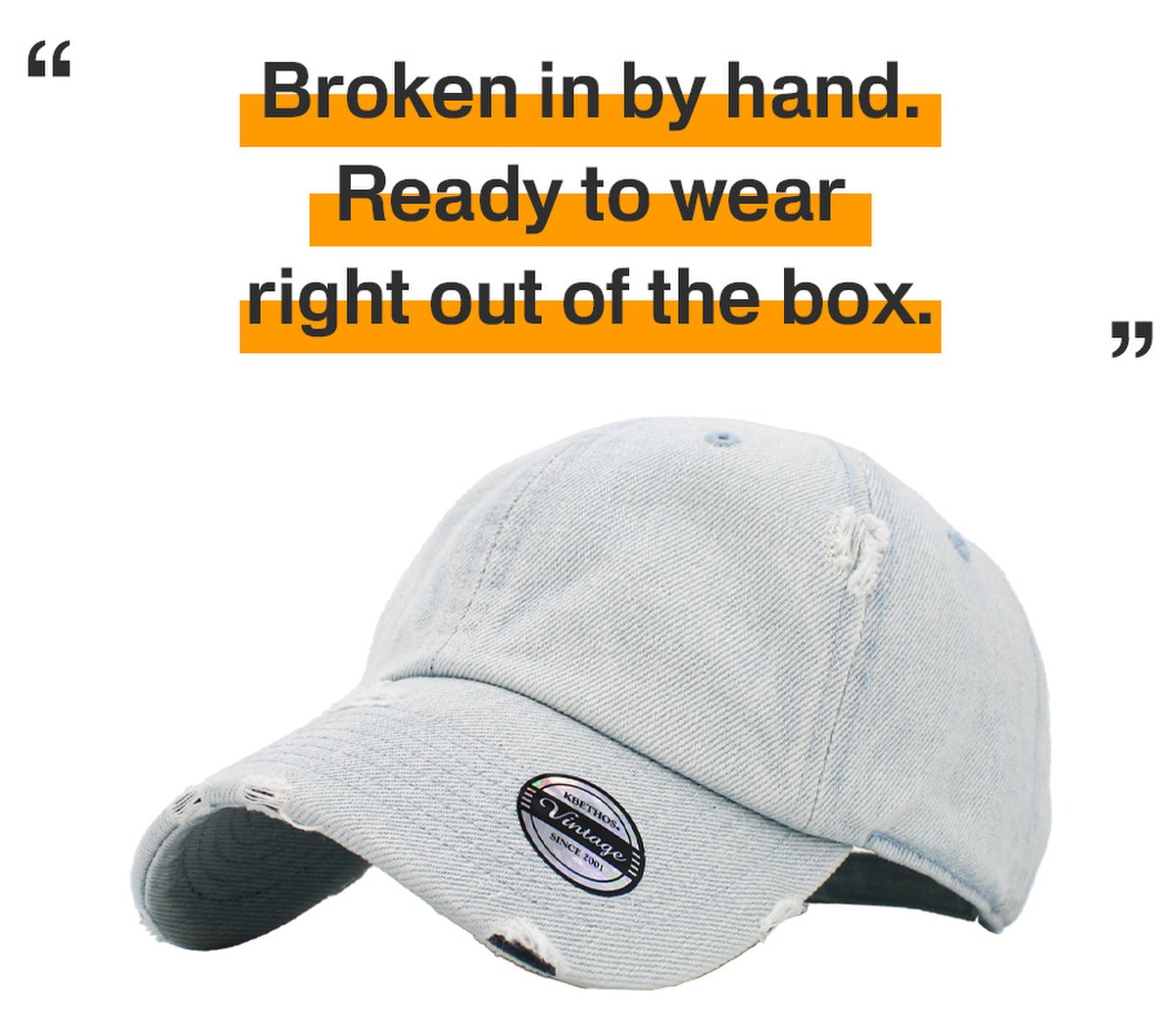 Light Denim Distressed Vintage Baseball Cap Front Side View
